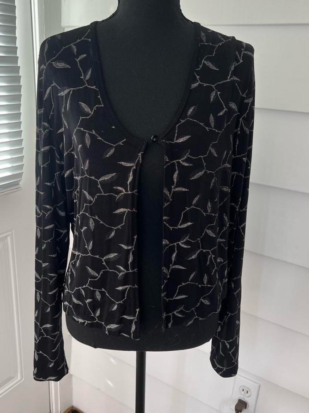 Vintage y2k Black Cardigan with Silver Leaf Pattern